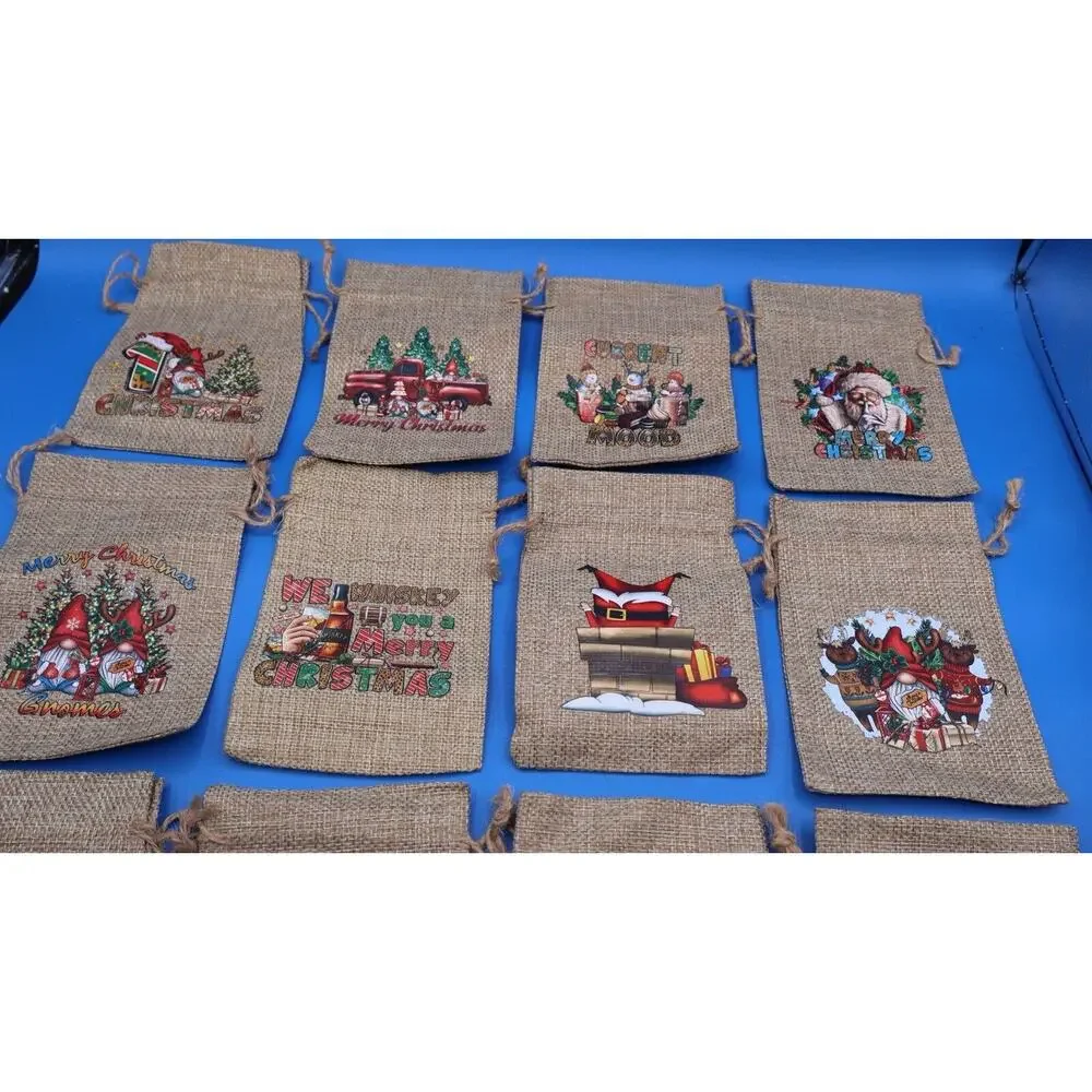 12 Christmas Drawstring Bags 6”x4” Mini Candy Burlap Bags. New